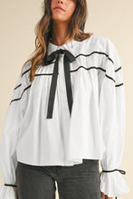 Load image into Gallery viewer, Ribbon Bowtie Collared Neck Flounce Sleeve Shirt
