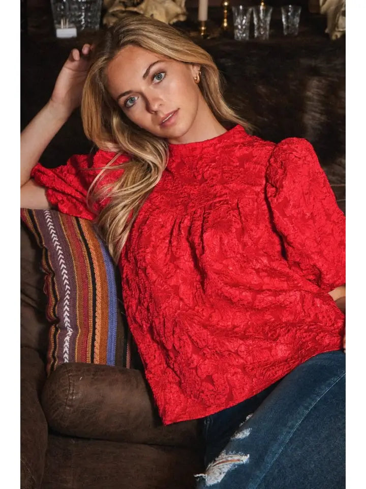 Plus Jacquard Balloon Sleeve Blouse