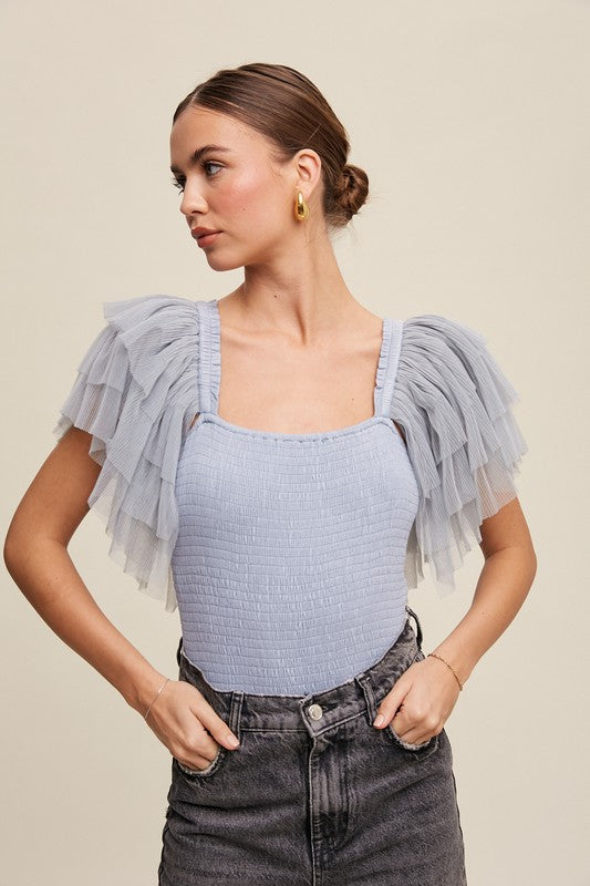 Tiered Ruffle Sleeve Smocked Bodysuit