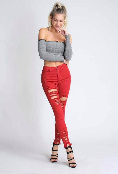 Vibrant Classic Distressed Red Skinny Jeans - Believe Inspire Beauty 
