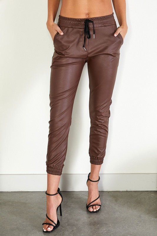 BROWN FAUXE LEATHER JOGGERS