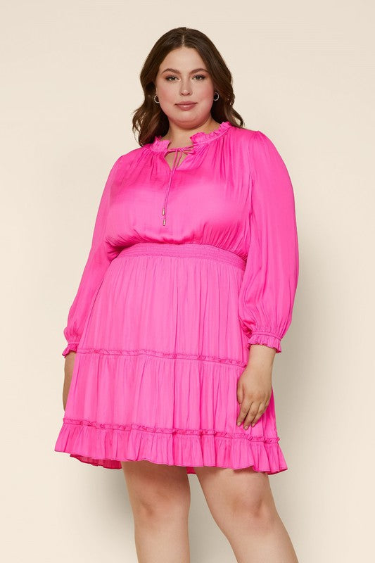 Curvy Hot Pink Long Sleeve Ruffled Tiered Mini Dress