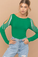 Load image into Gallery viewer, Cold Shoulder Rhinestone Fringe Bodysuit
