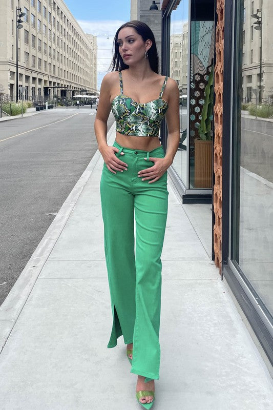 FRONT SLIT WIDE LEG TENCEL PANTS*