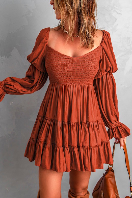 Rust Shirred Ruffle Mini Dress