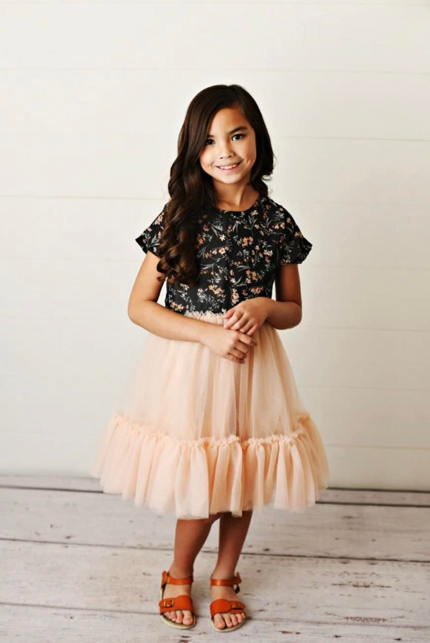 Pink Tulle with Floral Print Dress - Mini Beauties