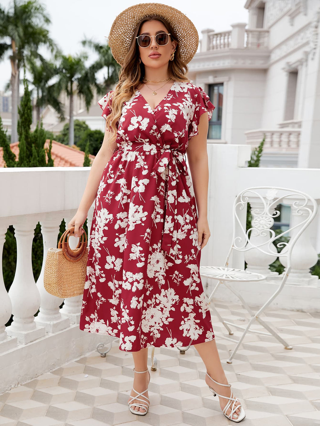 red plus size floral dress Floral Textured Print Burgundy Midi Dress