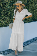 Load image into Gallery viewer, Eyelet Front Slit Puff Sleeve Maxi Dress
