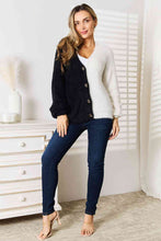 Load image into Gallery viewer, Woven Right Contrast Button-Front V-Neck Cardigan
