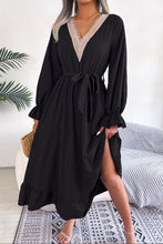 Load image into Gallery viewer, Contrast Belted Flounce Sleeve Dress
