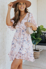 Load image into Gallery viewer, Floral Drawstring Waist Ruffled Surplice Dress
