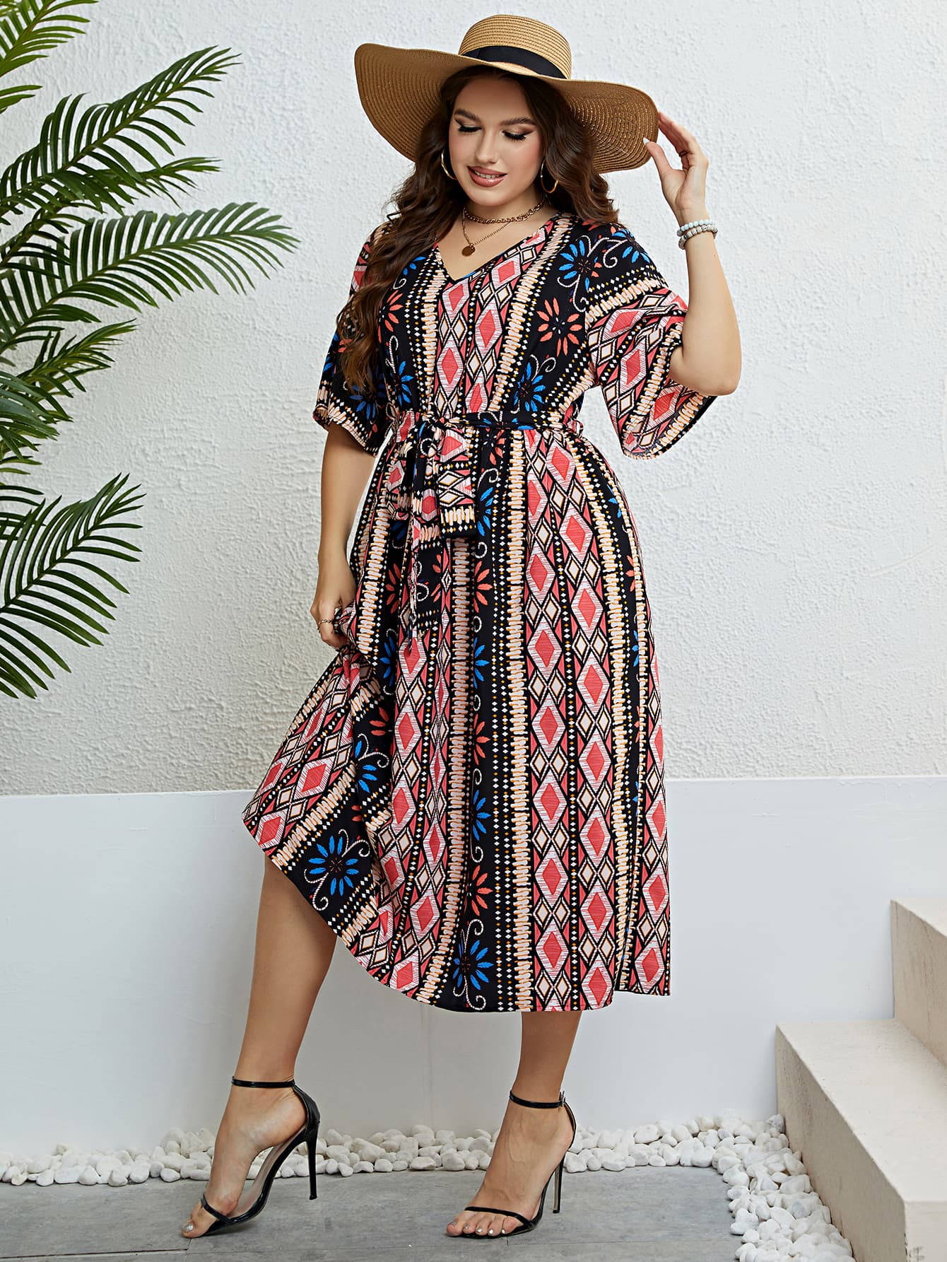 midi plus size boho dress Plus Size Bohemian V-Neck Tie Belt Midi Dress