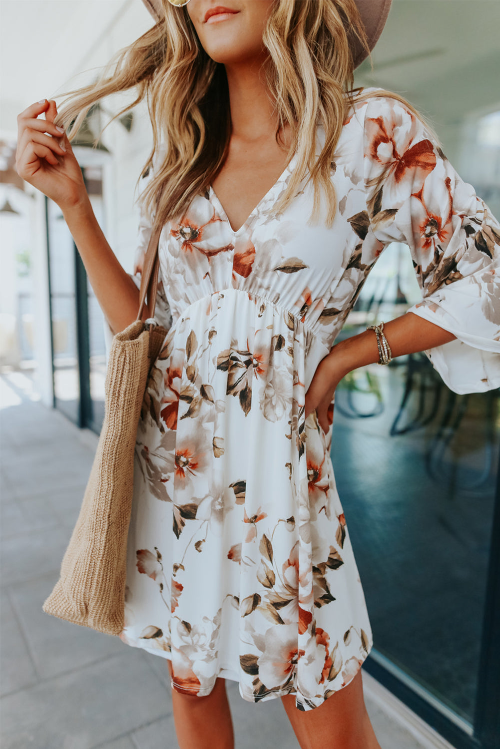 White Floral V-neck Dress